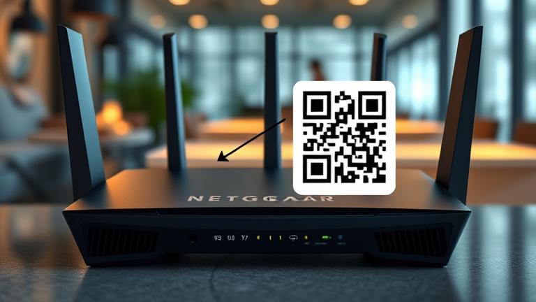 alt_text: Close-up of a Netgear Nighthawk router highlighting the QR code location.