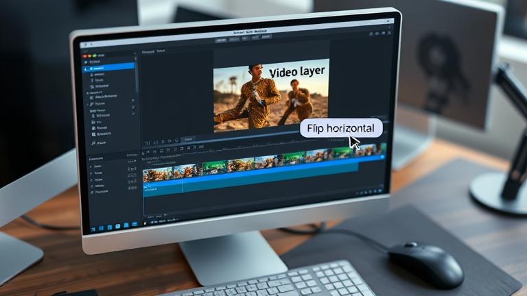 alt_text: Photoshop workspace with a video layer being flipped horizontally.