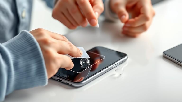 alt_text: Person applies a screen protector to an iPhone, removing air bubbles with a card.