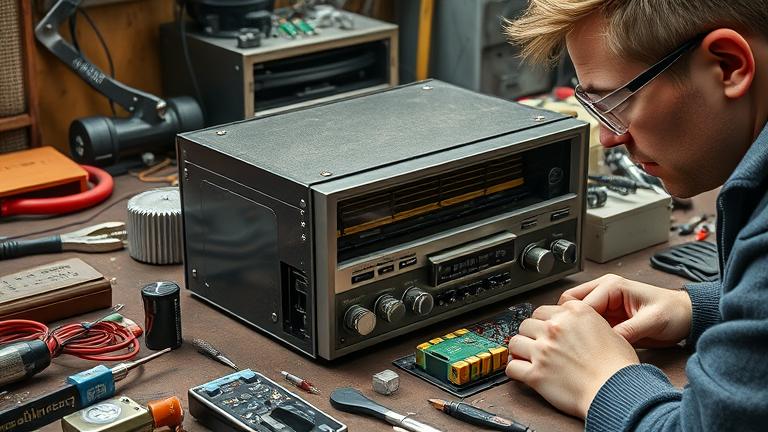 alt_text: Building an amplifier from a vintage car radio in a cluttered workshop.