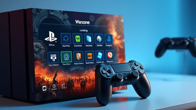 alt_text: PS4 with Warzone menu, loading screen, update icons, frustrated gamer with controller.