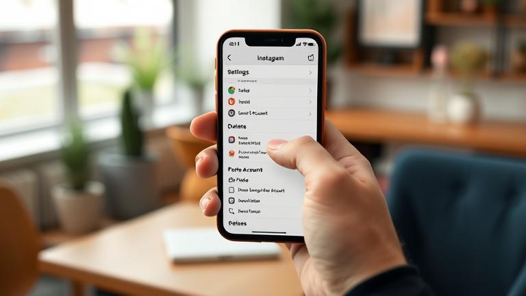 alt_text: Person tapping "Delete Account" on Instagram app in a cozy, modern setting.
