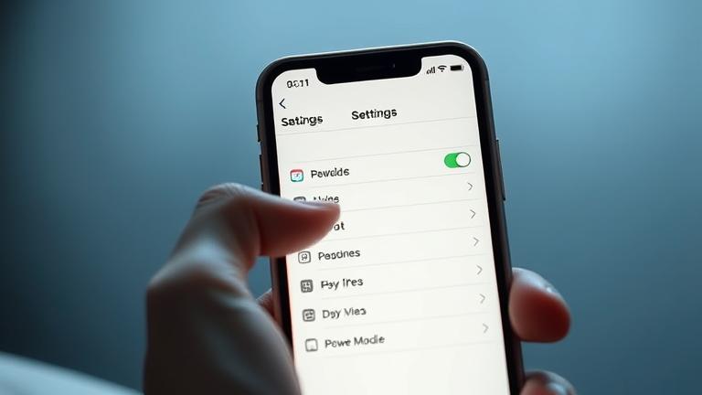 alt_text: iPhone screen in Settings, showing Power Mode toggle, with hand adjusting for battery saving.