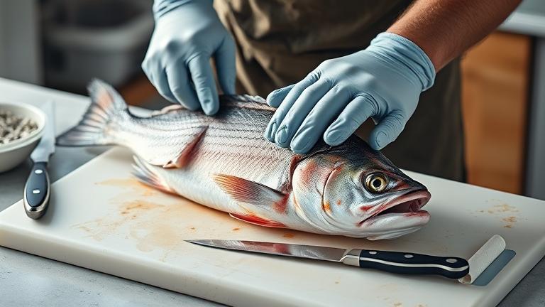 alt_text: Person filleting a sheephead fish with tools, in a clean, professional setting.