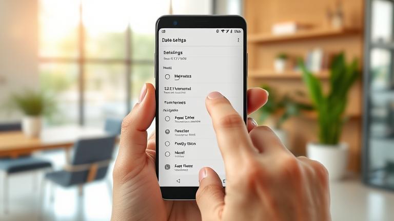 alt_text: Person adjusting date on Android phone in a bright home/office, showing date settings menu.