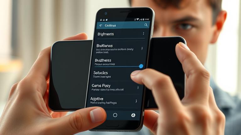 alt_text: Android phone with brightness settings, user adjusting slider, troubleshooting adaptive brightness.