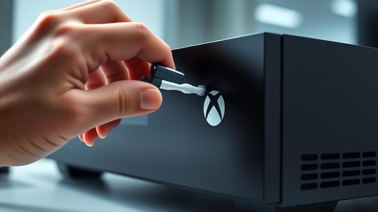 alt_text: Person cleaning Xbox One headphone jack with a small tool, showing detailed maintenance.