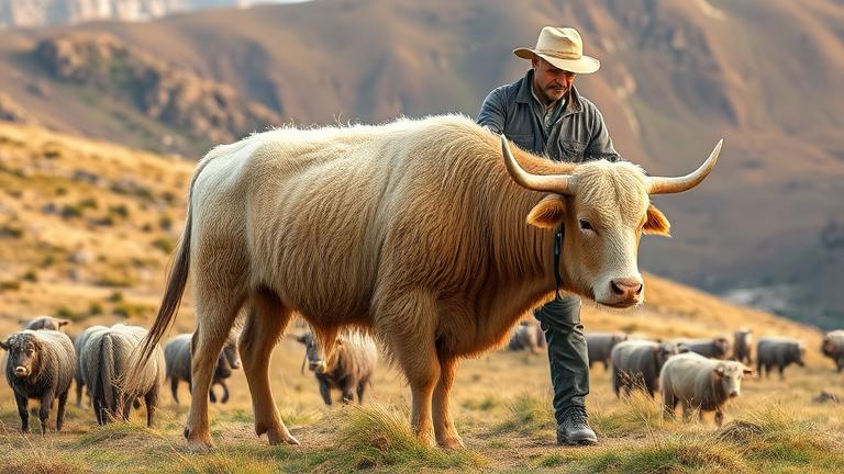 alt_text: A farmer gently guiding a yak in grassy mountainous terrain, showing humane removal.