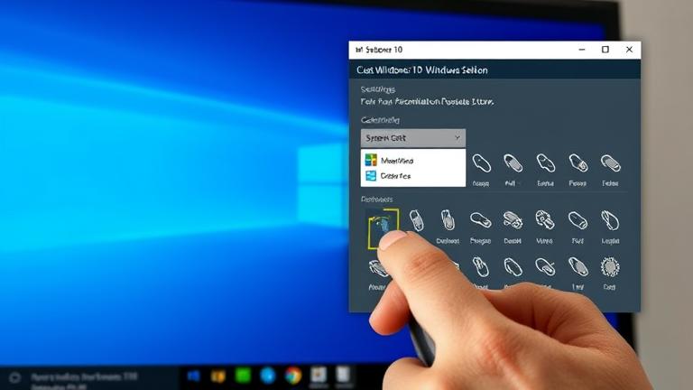alt_text: Modern Windows 10 desktop with hand using mouse, highlighting cursor customization options.