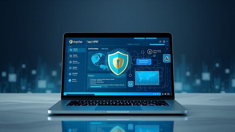 alt_text: Laptop with security tools, shields, locks, and code, illustrating VPN security testing.