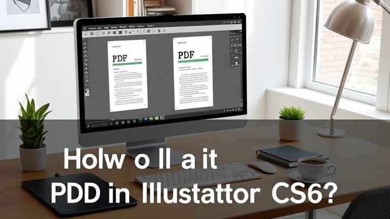 User editing a PDF in Adobe Illustrator CS6 on a tidy desk with tools and coffee.