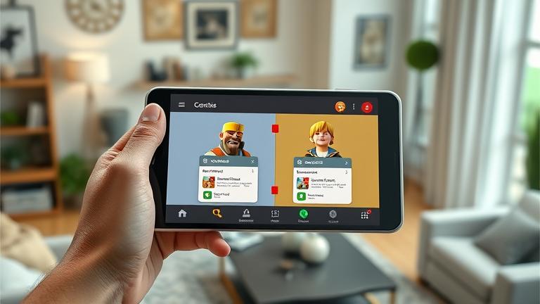 alt_text: Person holding Android device with two Clash of Clans accounts, modern gaming setup.
