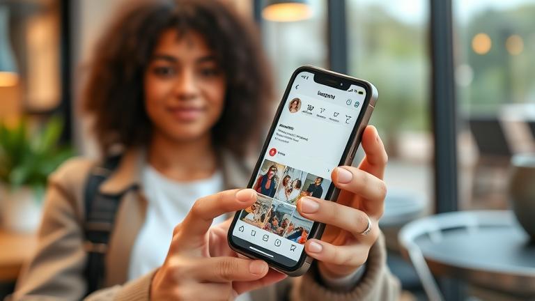 alt_text: Person checks Instagram "Likes" on phone in a cozy cafe, highlighting social media moments.