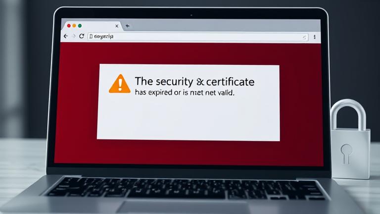 alt_text: Web browser shows security alert with expired certificate, warning icons, and a red-crossed padlock.