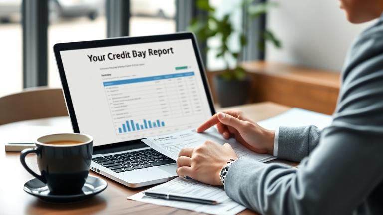alt_text: Person reviewing credit report on laptop in a modern, calm workspace with documents and coffee.