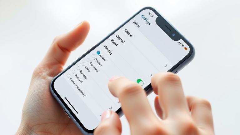 alt_text: Person tapping iPhone Settings, focusing on "General" and "Reset" options.