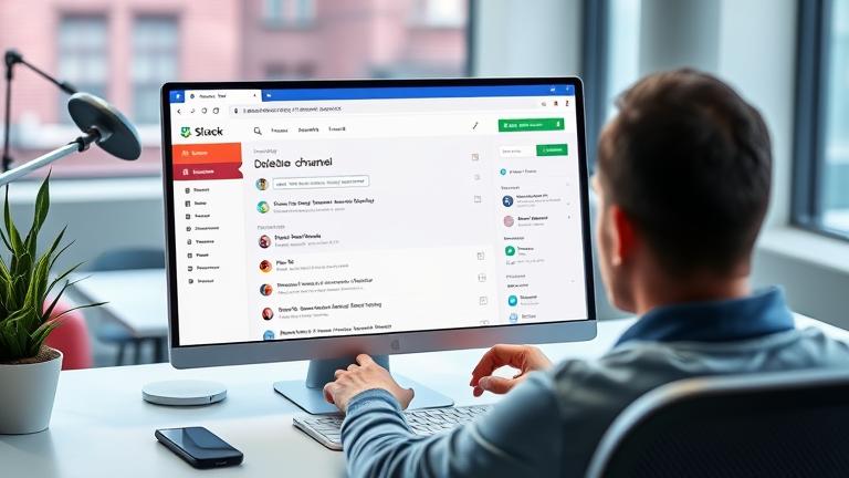 alt_text: Person managing Slack, deleting a channel in a modern workspace, with Slack branding visible.