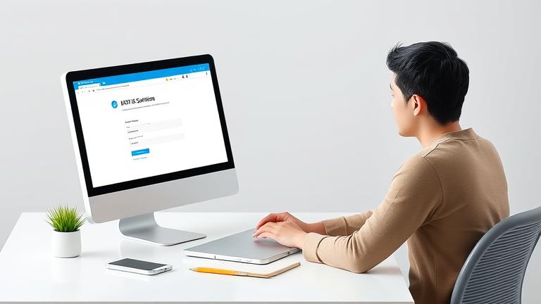 alt_text: Person at desk with laptop on AT&T login page, with phone and notebook, focused and professional.