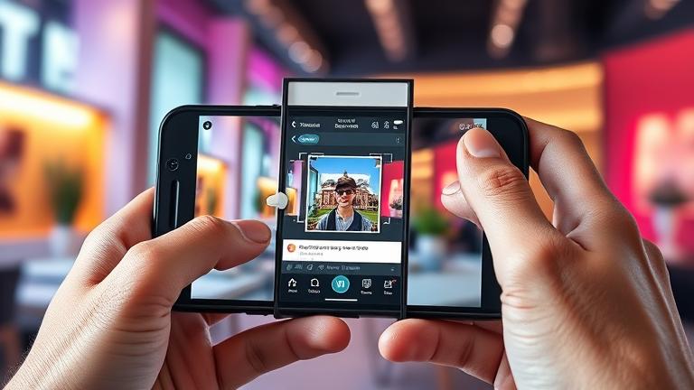alt_text: Smartphone showing Instagram photo rotate tool with gesture hints, vibrant modern background.