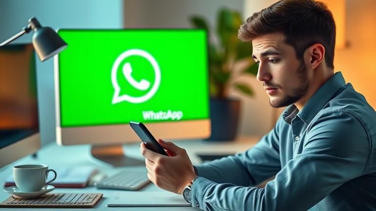 alt_text: Person at desk with worried look at phone showing WhatsApp ban warning, cozy workspace.