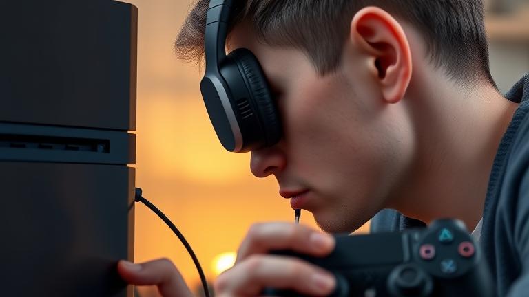 Alt_text: Person troubleshoot PS4 headphone issue, with one earphone, console, controller, and cozy setup.