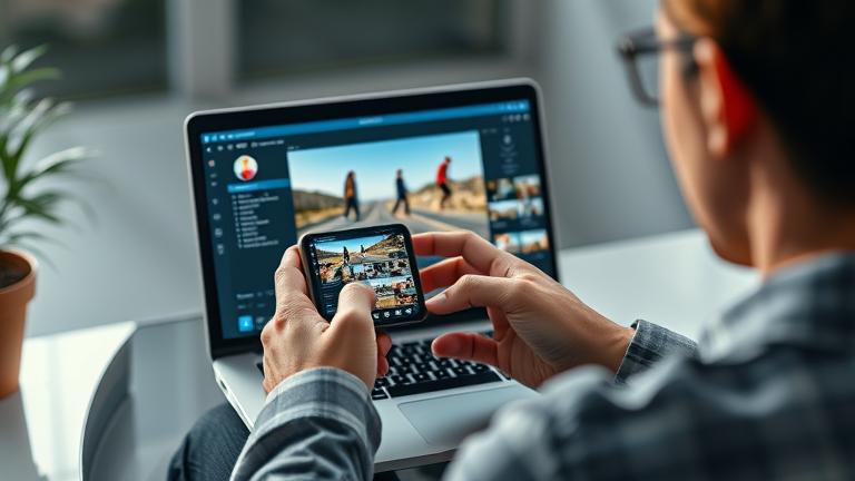 alt_text: Person edits videos on laptop with Instagram interface, blending clips for social sharing.