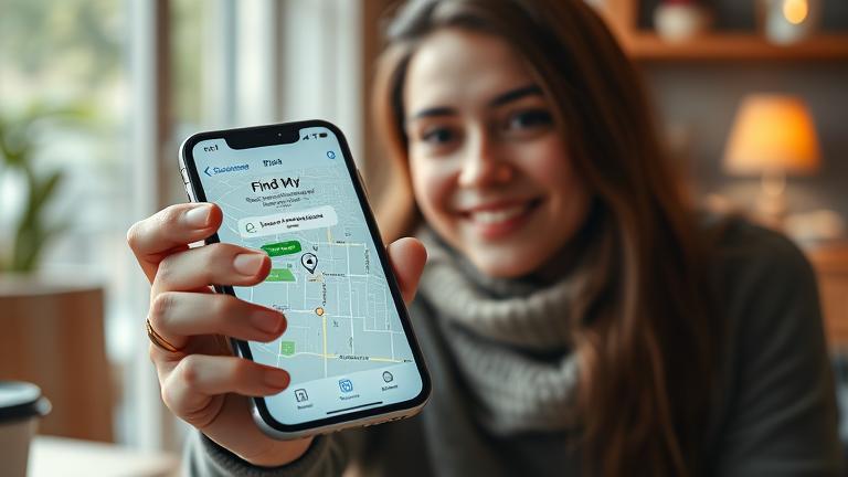 alt_text: Person holding iPhone showing "Find My" app, in cozy setting, seeking lost device.