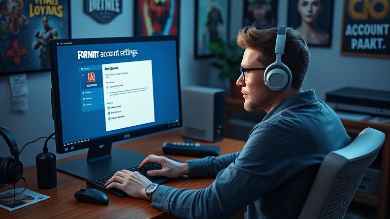 alt_text: Person at desk managing Fortnite account settings with gaming decor and deletion options visible.