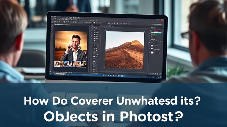 alt_text: Person using Photoshop to remove objects on a clean, modern workspace screen.