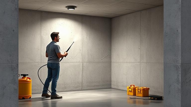 alt_text: Person cleaning damp concrete basement walls with a pressure washer, surrounded by storage.