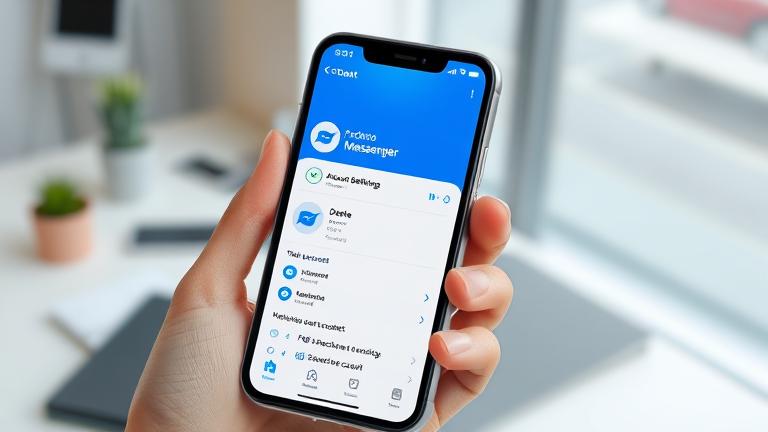 alt_text: Person on phone managing Facebook Messenger settings, focusing on privacy and account delete.
