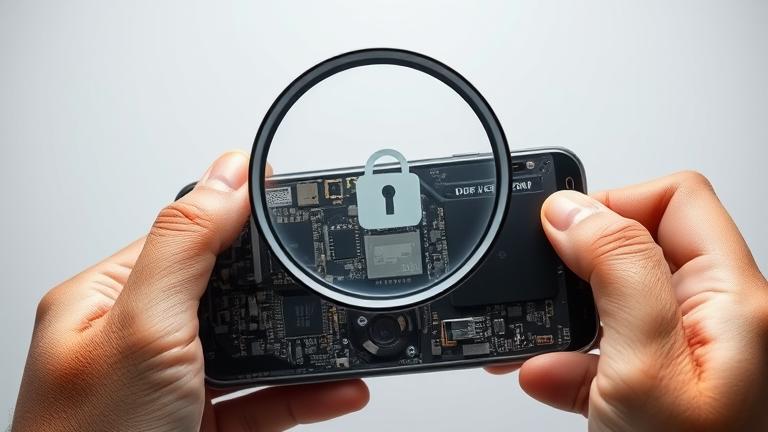 alt_text: Hands examine a disassembled Android phone revealing internal circuitry and symbols.
