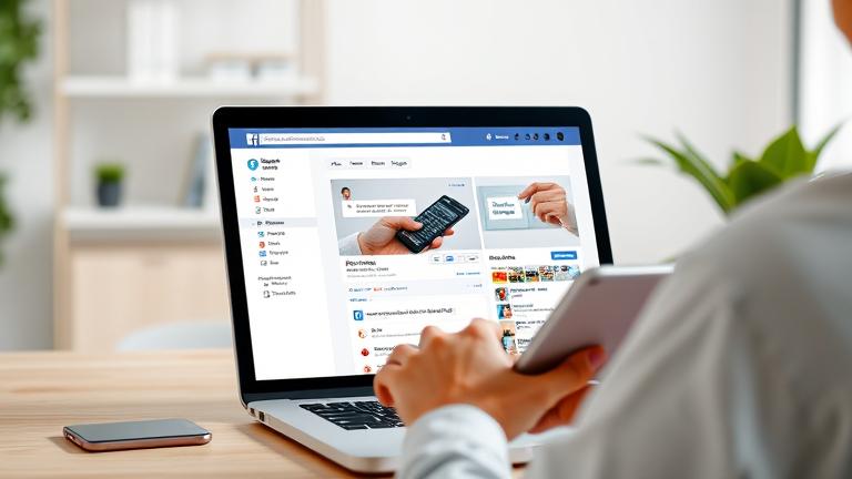 alt_text: Person managing Facebook page on device, with interface, logo, and professional background.