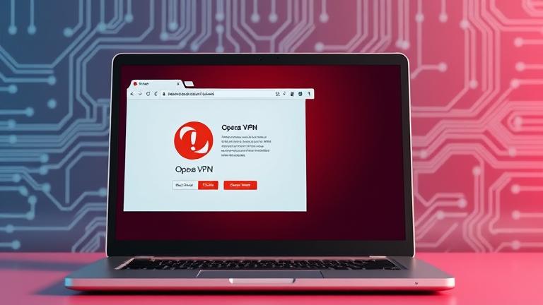 Opera VPN error on laptop screen with troubleshooting icons and tech background.