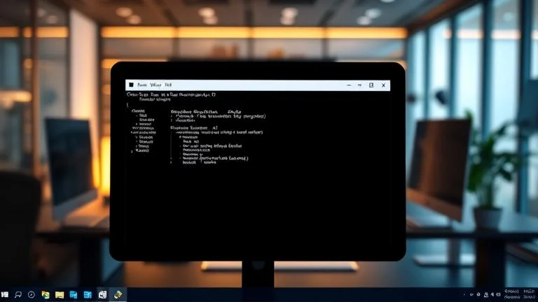 alt_text: Realistic Windows 10 screen with a glitching Command Prompt in a modern workspace.