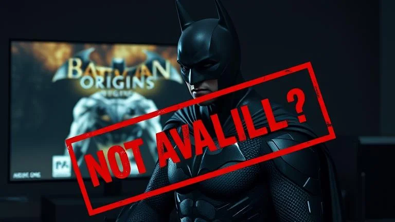 Batman contemplates Arkham Origins unavailable on Xbox One amid a moody gaming setup.