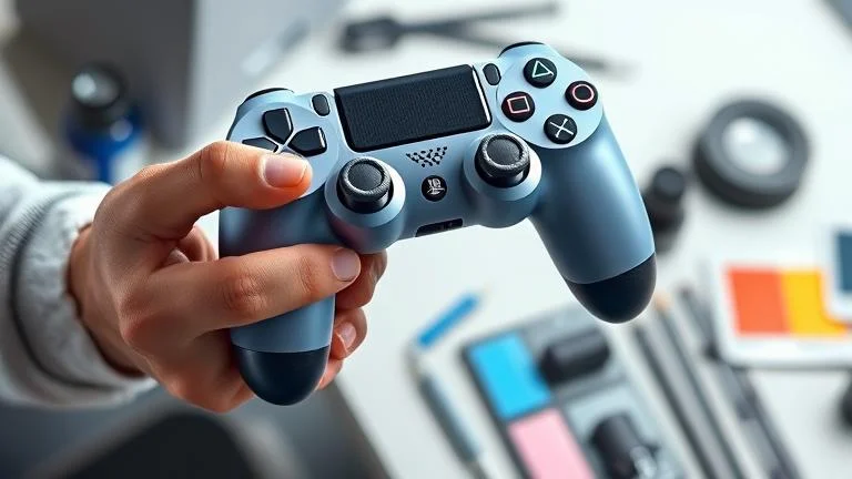 alt_text: Person customizing a PS4 controller with tools and color swatches in a professional workspace.