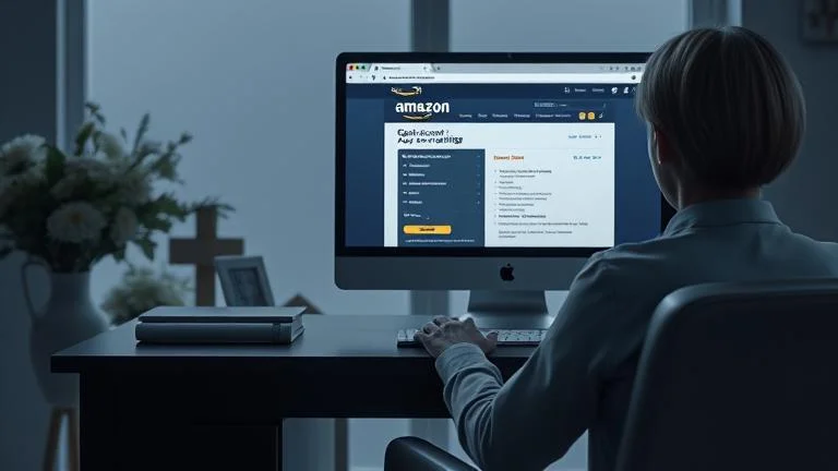 alt_text: Person closing Amazon account after a loved one's passing, with memorial flowers nearby.