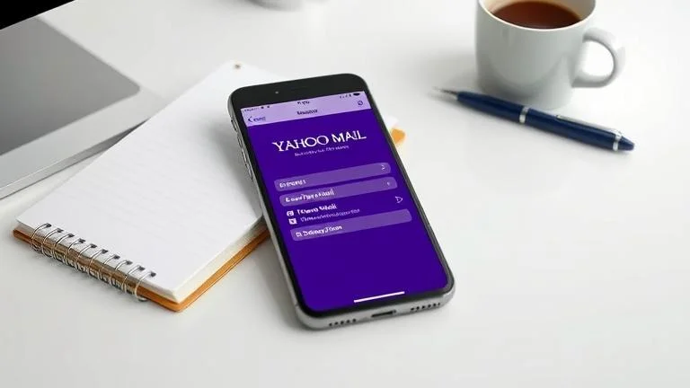 alt_text: iPhone showing Yahoo Mail with reset options, on a desk with notebook, pen, and coffee.