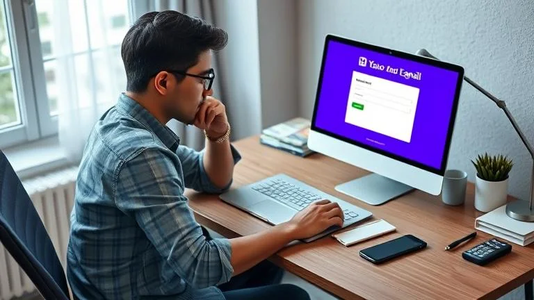 alt_text: Person at desk trying to recover Yahoo emails, with laptop, mug, phone, and notepad.