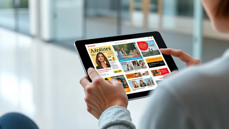 alt_text: Person using tablet with colorful digital magazine, showing personalized news feed.
