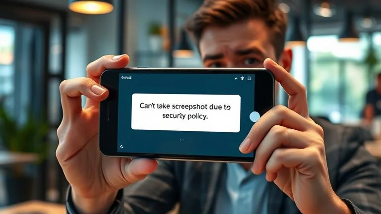 alt_text: Person frustrated by Android's "Can't take screenshot" security message in a modern setting.