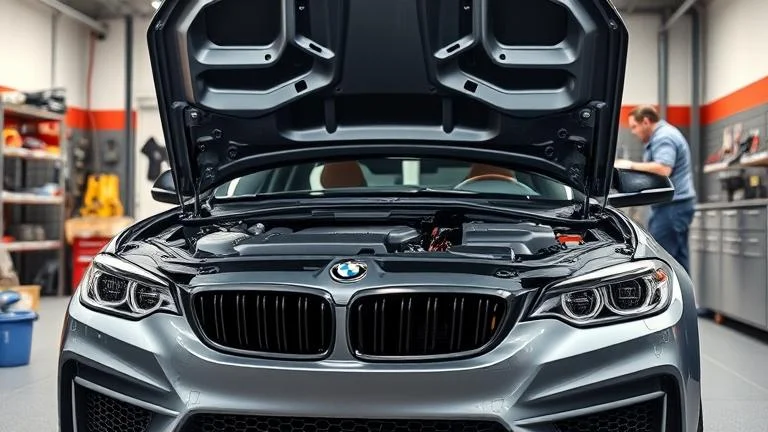 alt_text: Mechanic applying soundproofing to modern car engine in a well-lit workshop.
