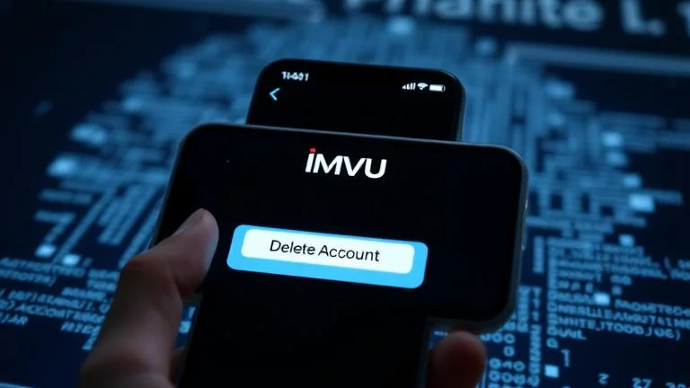alt_text: Smartphone screen with IMVU app and "Delete Account" option, emphasizing online privacy.