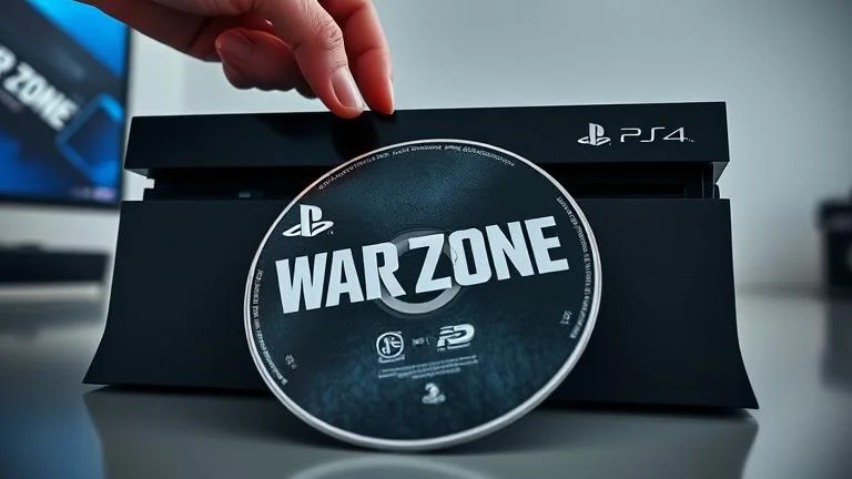 alt_text: Person ejects Warzone disc from PS4 in a modern gaming setup.