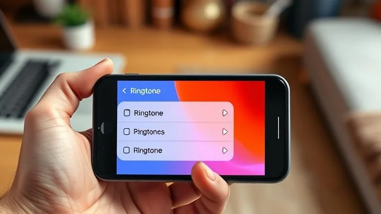 alt_text: iPhone in hand showing ringtone settings in iOS 11, in a cozy, well-lit home or workspace.