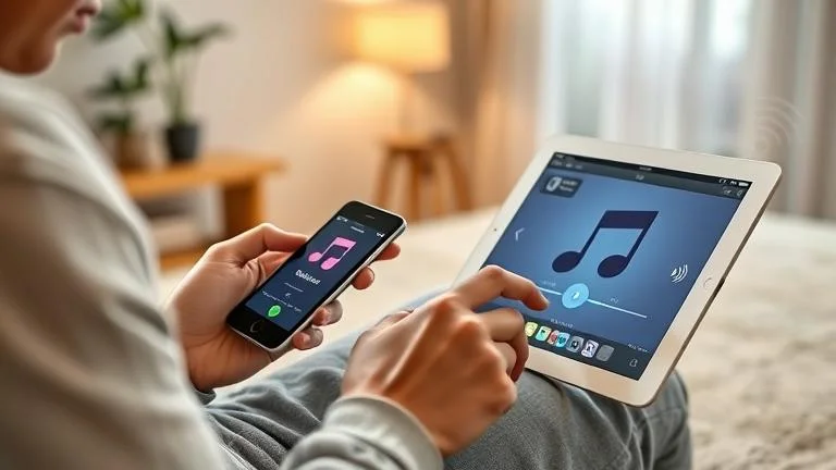 alt_text: Person wirelessly transfers music from iPhone to iPad in a modern, cozy setting.