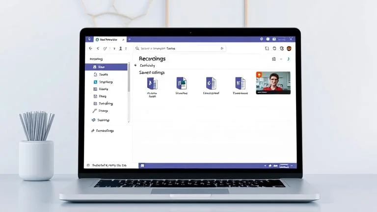 alt_text: Laptop screen showing Teams recordings folder with file icons in a professional office style.