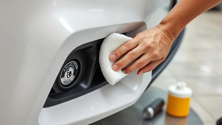 alt_text: Person gently removes paint splatters from car bumper with soft cloth in a bright, clean setting.