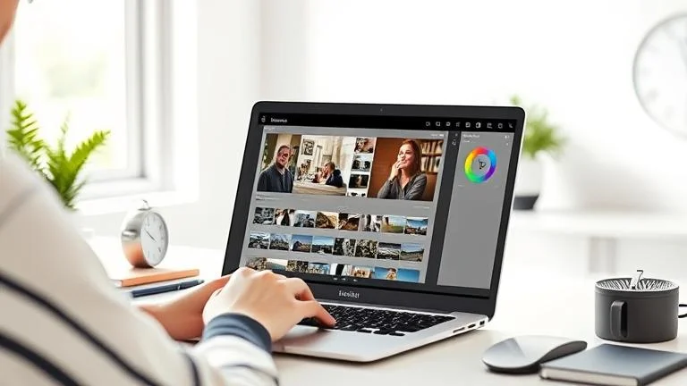 alt_text: Person editing photos on Lightroom on a bright desk with sliders, keyboard, and camera gear.